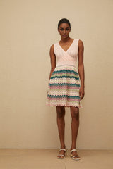 Olga Mini Dress - V - Neck - Sleeveless - Cinched Waist - Crochet Knit - Scallop Hem