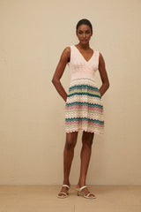 Olga Mini Dress - V - Neck - Sleeveless - Cinched Waist - Crochet Knit - Scallop Hem