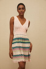 Olga Mini Dress - V - Neck - Sleeveless - Cinched Waist - Crochet Knit - Scallop Hem