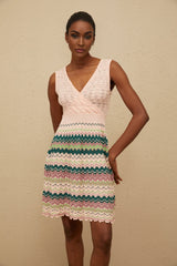 Olga Mini Dress - V - Neck - Sleeveless - Cinched Waist - Crochet Knit - Scallop Hem