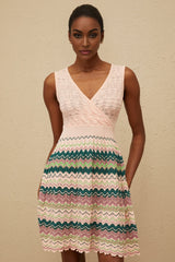 Olga Mini Dress - V - Neck - Sleeveless - Cinched Waist - Crochet Knit - Scallop Hem