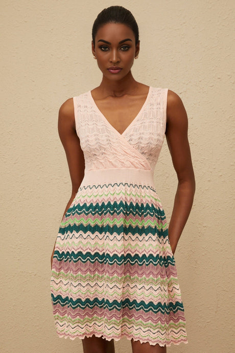 Olga Mini Dress - V - Neck - Sleeveless - Cinched Waist - Crochet Knit - Scallop Hem