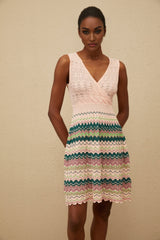 Olga Mini Dress - V - Neck - Sleeveless - Cinched Waist - Crochet Knit - Scallop Hem