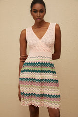 Olga Mini Dress - V - Neck - Sleeveless - Cinched Waist - Crochet Knit - Scallop Hem