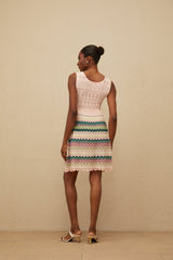 Olga Mini Dress - V - Neck - Sleeveless - Cinched Waist - Crochet Knit - Scallop Hem