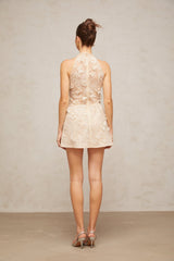 Olivia Floral Mini Dress with Lace Overlay and Bead Embellishment