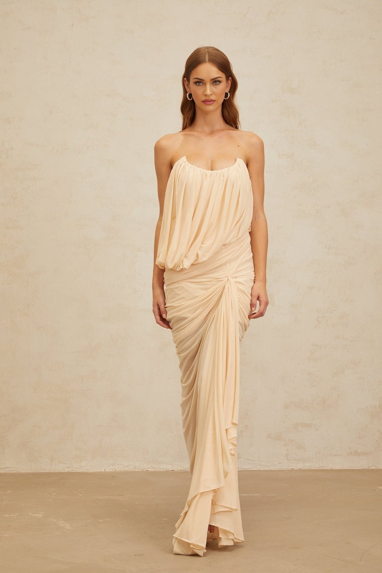 Olivia Maxi Dress - Off the Shoulder - Sleeveless - U - Neckline - Ruched Ribbon Design