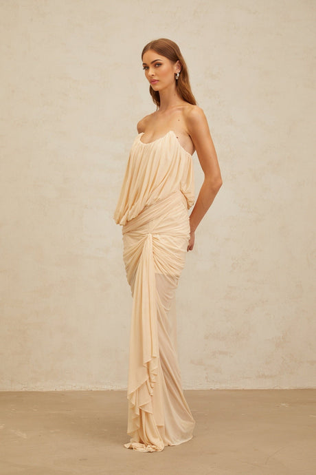 Olivia Maxi Dress - Off the Shoulder - Sleeveless - U - Neckline - Ruched Ribbon Design