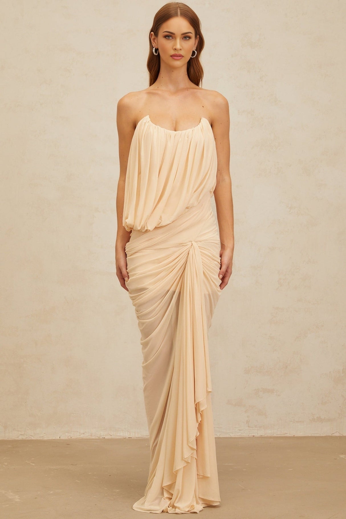 Olivia Maxi Dress - Off the Shoulder - Sleeveless - U - Neckline - Ruched Ribbon Design