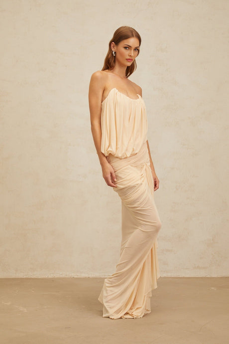 Olivia Maxi Dress - Off the Shoulder - Sleeveless - U - Neckline - Ruched Ribbon Design