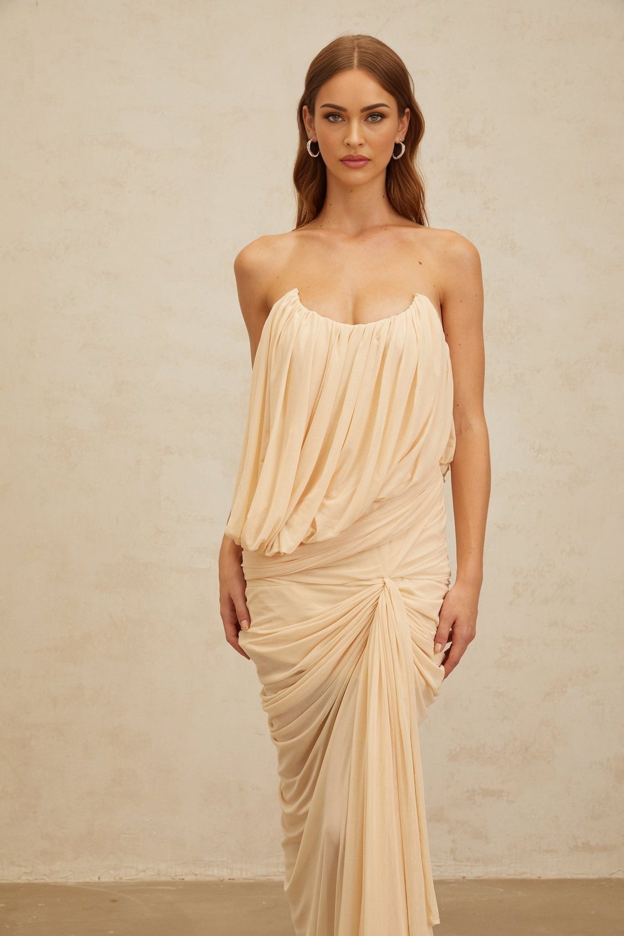 Olivia Maxi Dress - Off the Shoulder - Sleeveless - U - Neckline - Ruched Ribbon Design