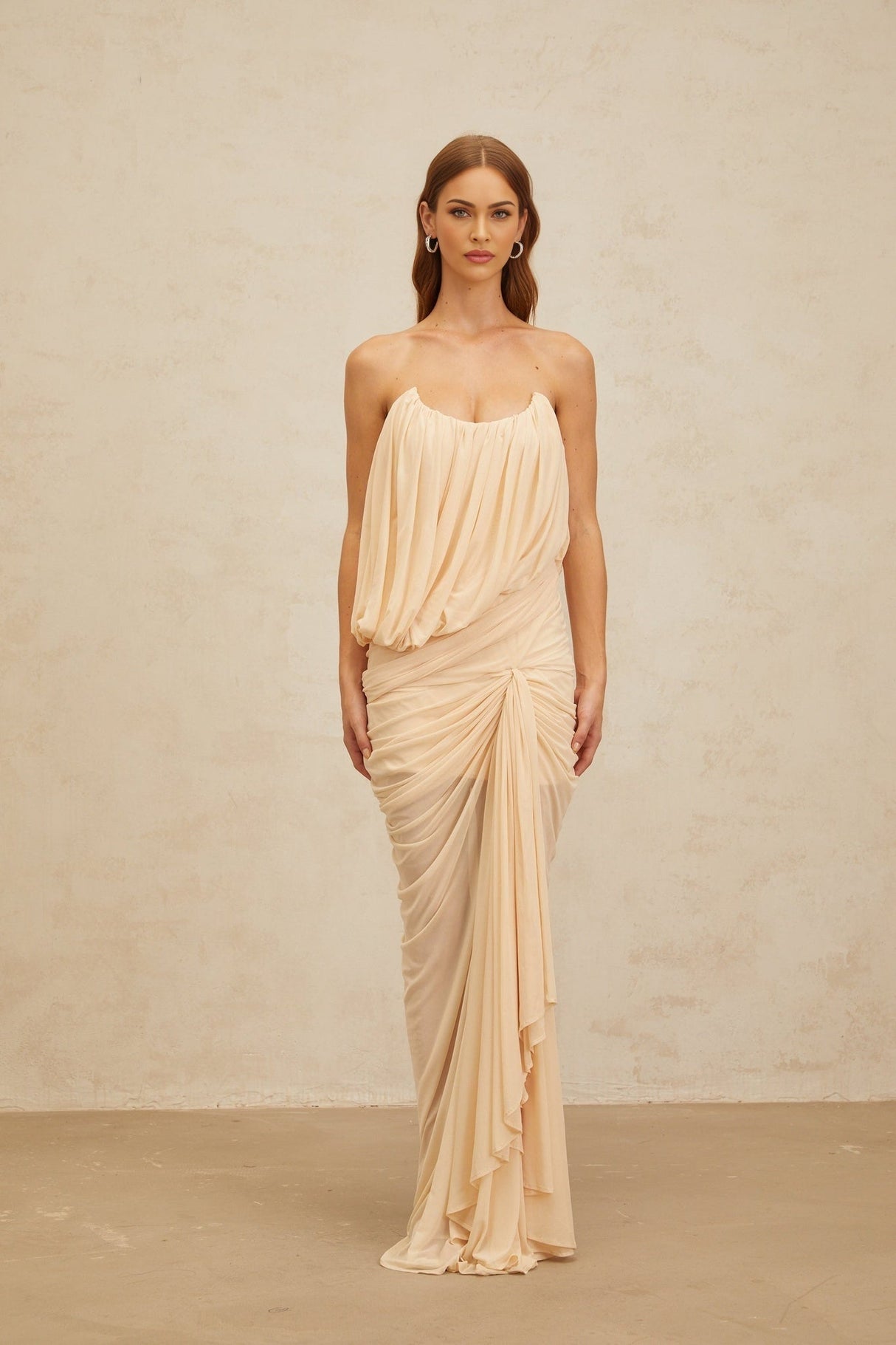 Olivia Maxi Dress - Off the Shoulder - Sleeveless - U - Neckline - Ruched Ribbon Design