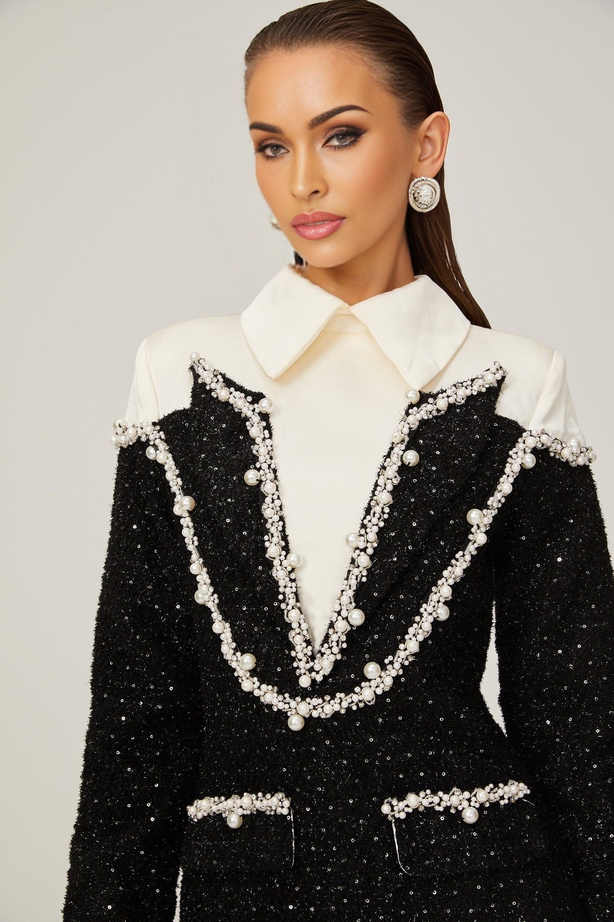 Olivia Mini Dress Monochrome Tweed Pearls