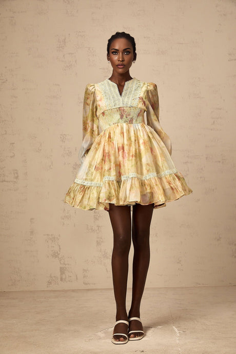 Olivia yellow mini dress with lace panels and floral print pattern