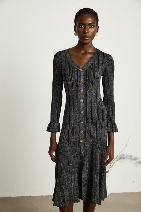 Ophélie black flounced metallic midi dress