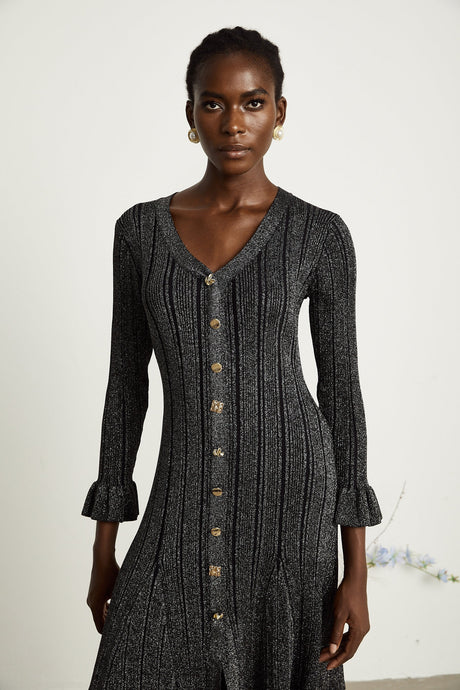 Ophélie black flounced metallic midi dress