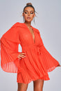 Orange Lizew Pleated Mini Dress with deep V-neckline and bell sleeves