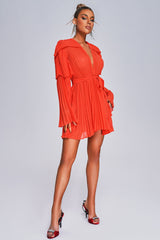 Orange Lizew Pleated Mini Dress with Deep V-neckline and Bell Sleeves