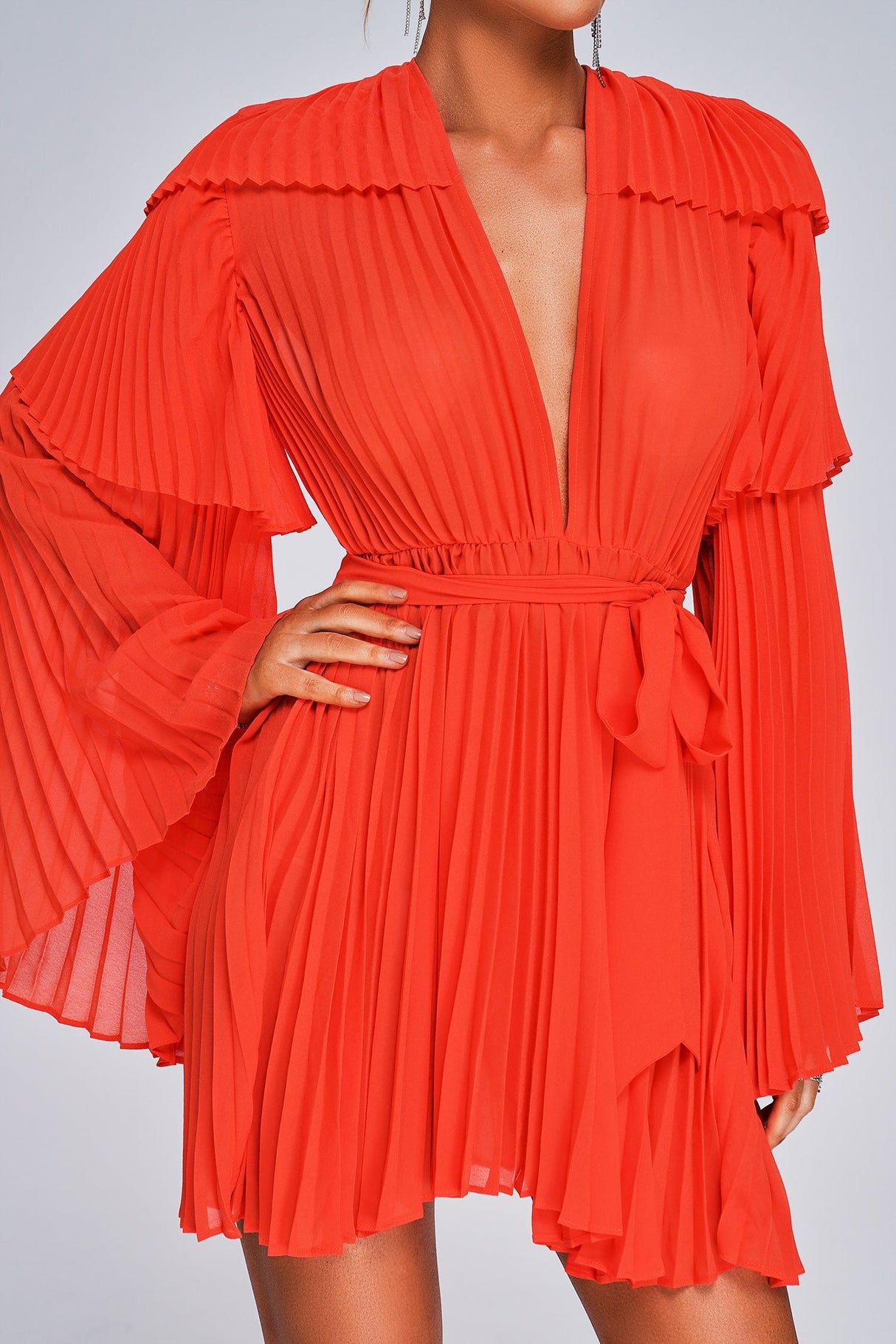 Orange Lizew Pleated Mini Dress with V-Neckline and Bell Sleeves