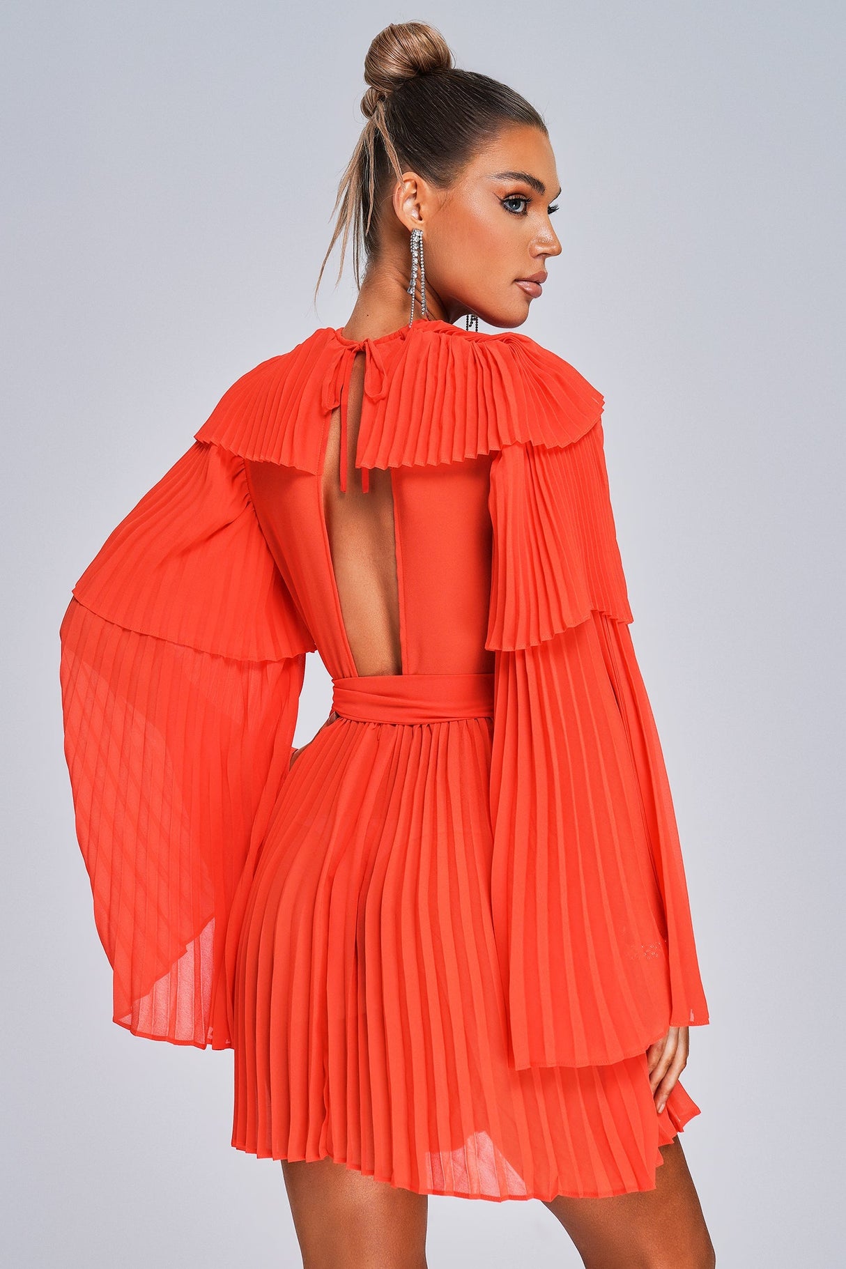 Orange Lizew Pleated Mini Dress with V-neckline and bell sleeves