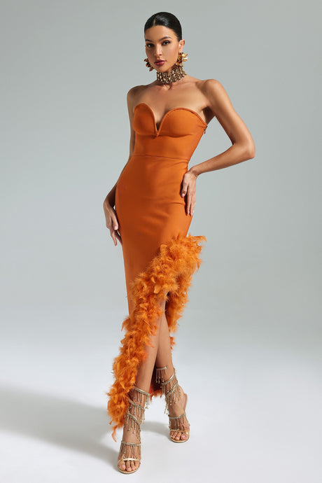 Orange Manik Feather Skew Hem Bandage Dress for special occasions