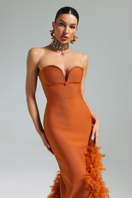 Orange Manik Feather Skew Hem Bandage Dress for special occasions