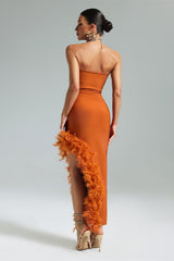 Orange Manik Feather Skew Hem Bandage Dress