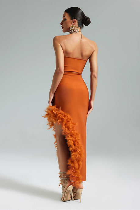 Orange Manik Feather Skew Hem Bandage Dress