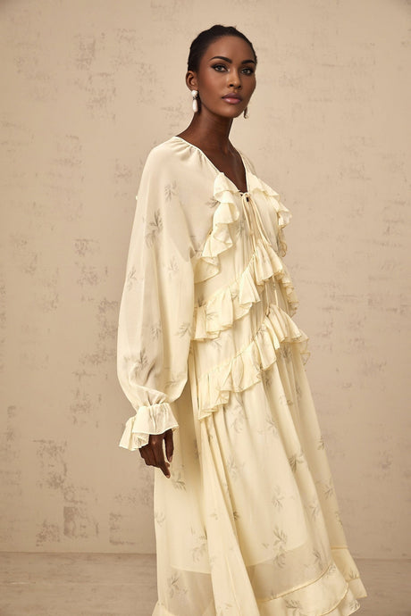 Oriane yellow midi dress with floral print and ruffled chiffon design