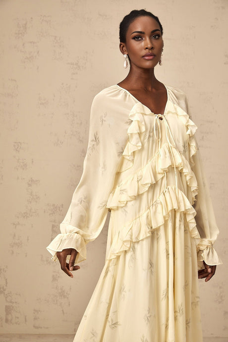 Oriane yellow midi dress with floral print and ruffled chiffon fabric