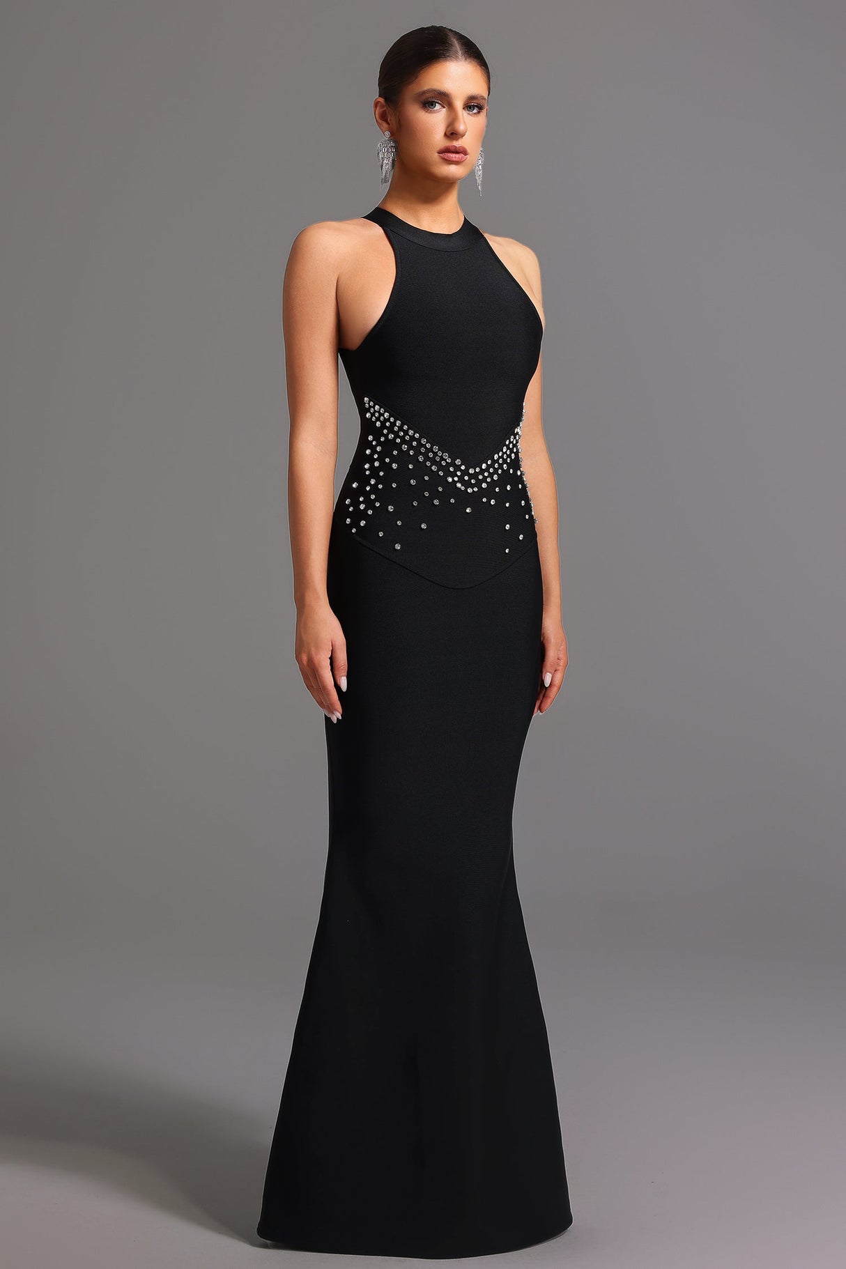 Ornella Black Fishtail Silhouette Halter Neckline Formal Dress with Shimmering Embellishments
