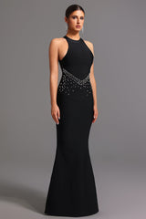 Ornella Black Fishtail Silhouette Halter Neckline Formal Dress with Shimmering Embellishments