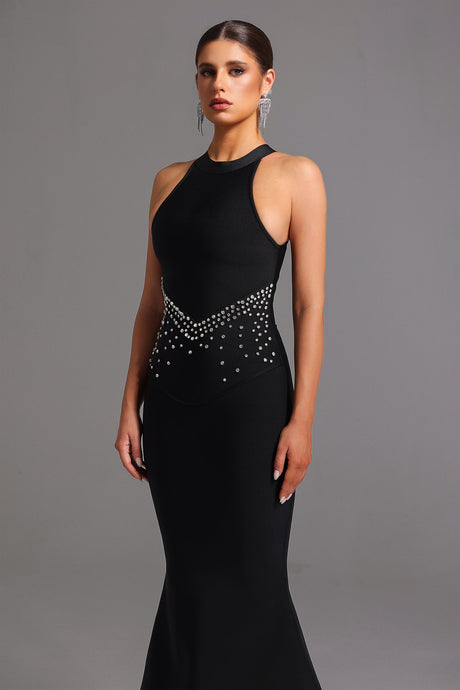 Ornella Black Fishtail Silhouette Halter Neckline Formal Dress with Shimmering Embellishments