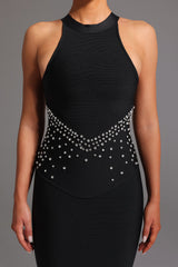 Ornella Black Formal Event Fishtail Dress with Halter Neckline and Shimmering Embellishments