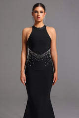 Ornella Black Formal Fishtail Dress with Halter Neckline and Shimmering Embellishments