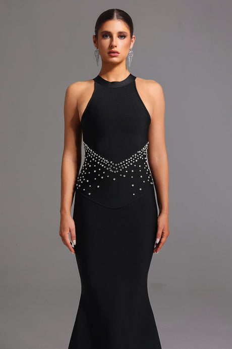 Ornella Black Formal Fishtail Dress with Halter Neckline and Shimmering Embellishments