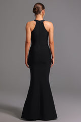 Ornella Black Formal Fishtail Dress with Halter Neckline and Shimmering Embellishments