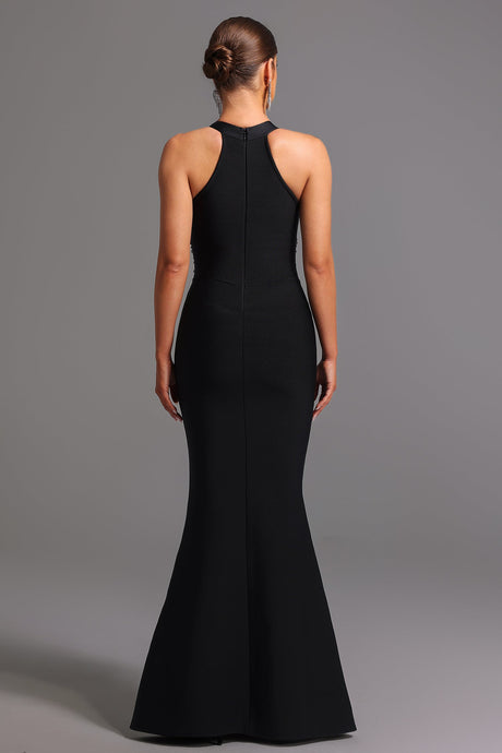 Ornella Black Formal Fishtail Dress with Halter Neckline and Shimmering Embellishments