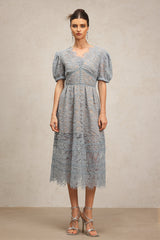 Ornella Blue Lace Dress with Short Puff Sleeves V-Neckline and Flower Detailing