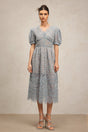 Ornella Blue Lace Dress with Short Puff Sleeves V-Neckline and Flower Detailing
