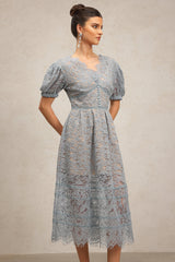 Ornella Blue Lace Dress Short Puff Sleeves V-Neckline Flower Detailing Sophisticated Playful