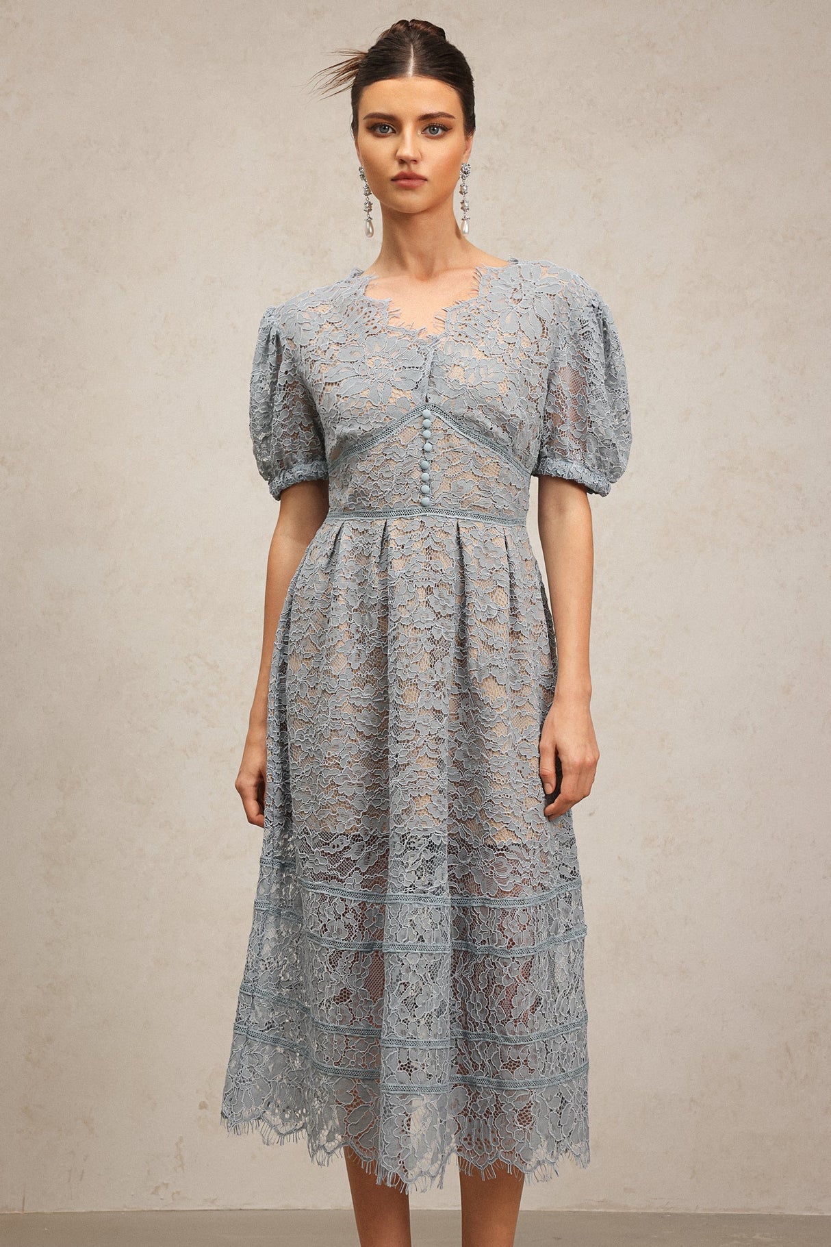 Ornella Blue Lace Dress with Short Puff Sleeves V-Neckline and Flower Detailing