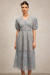 Ornella Blue Lace Dress with Short Puff Sleeves V-Neckline and Flower Detailing