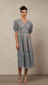 Ornella Blue Lace Midi Dress Short Puff Sleeves V-Neckline Flower Detailing Sophisticated Playful