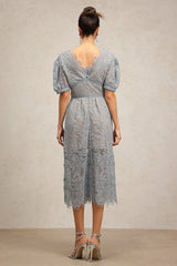Ornella Blue Lace V-Neck Puff Sleeve Flower Detail Midi Dress