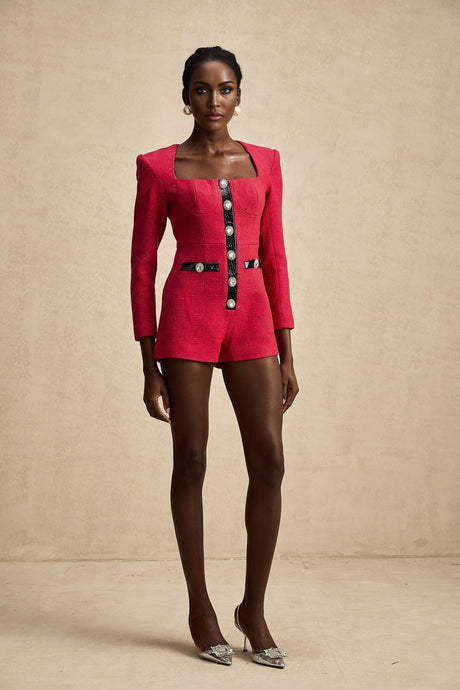 Ornella Bodysuit Pink & Black Cut Out Crystal Buttons
