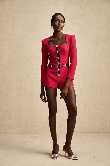 Ornella Bodysuit Pink & Black Cut Out Crystal Buttons