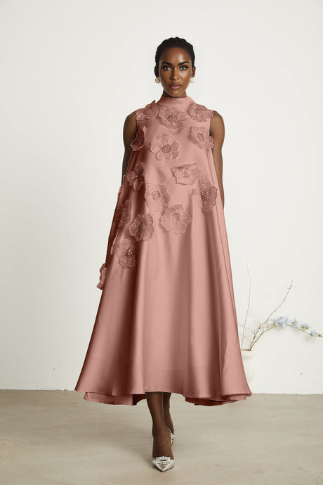 Ornella Floral Midi Dress in Soft Pink with Bead Embellishment & Rear Zip
