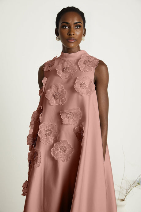 Ornella Floral Midi Dress in Soft Pink with Bead Embellishment & Rear Zip