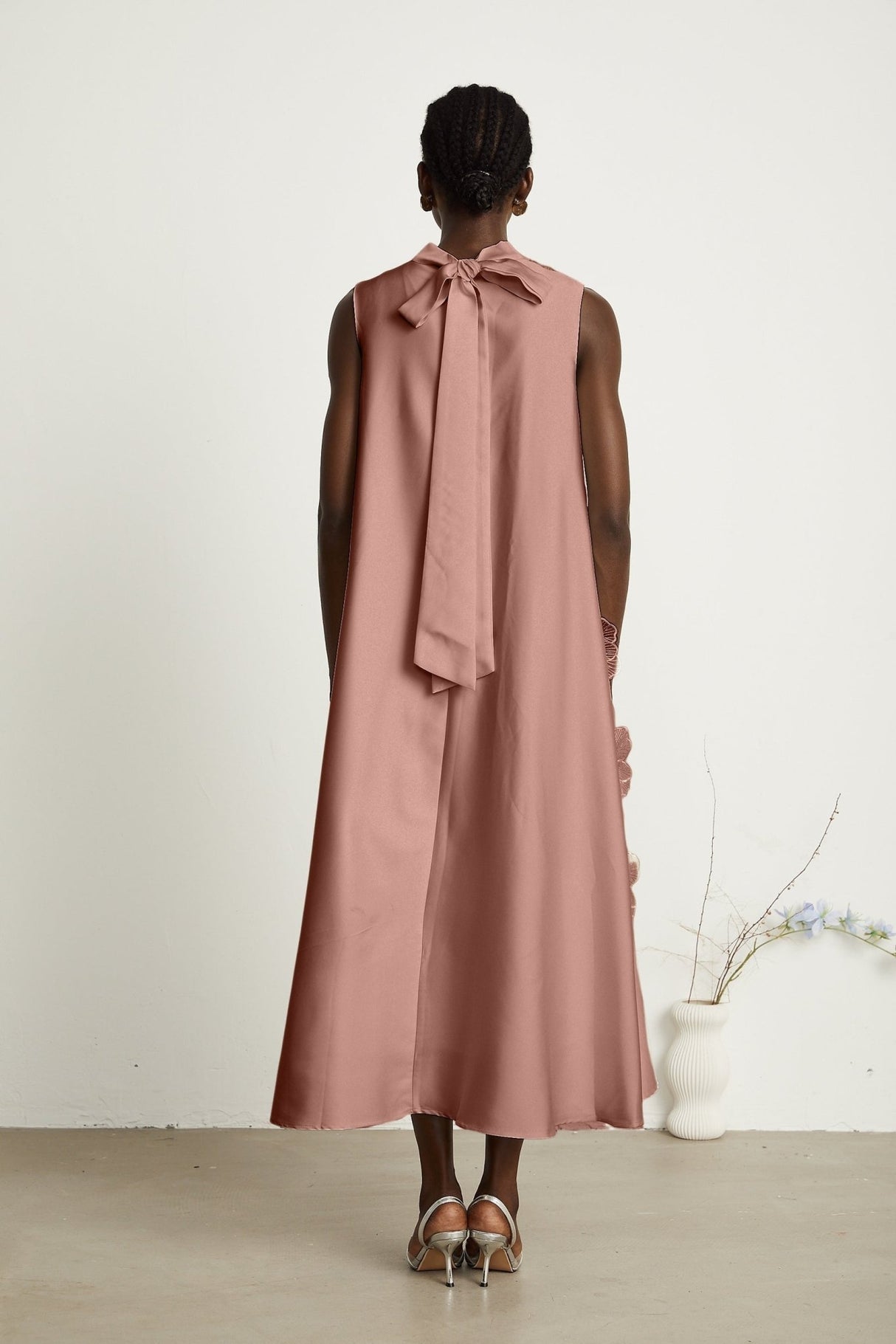 Ornella Floral Midi Dress in Soft Pink with Bead Embellishment & Rear Zip